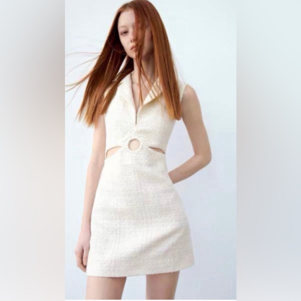 New with tags! Zara cream-colored tweed mini dress side cutouts and ring detail